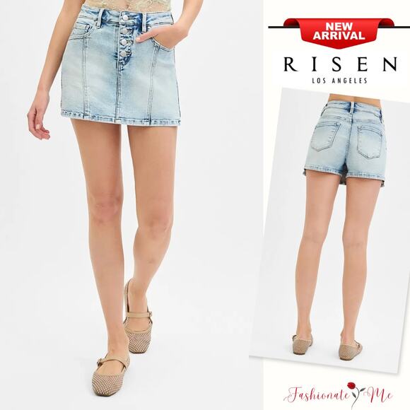 RISEN High Rise Waist Button Down Detail Stretch Pocket Light Washed Denim Skort - Picture 1 of 8